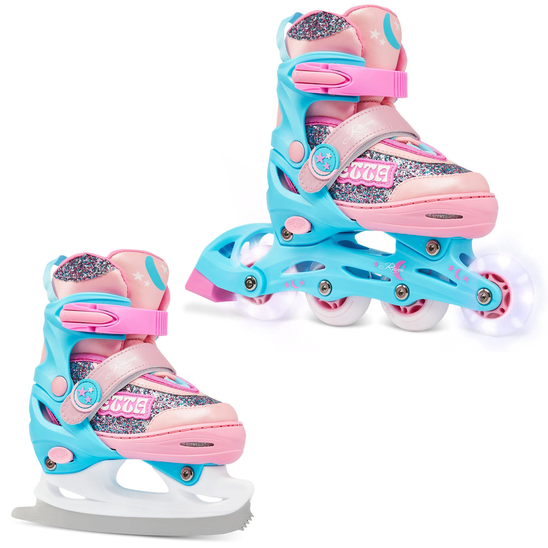 RAVEN 2in1 Schlittschuhe Inline Skates Inliner für Kinder Mädchen verstellbar mit LED Leuchtrad 30-3