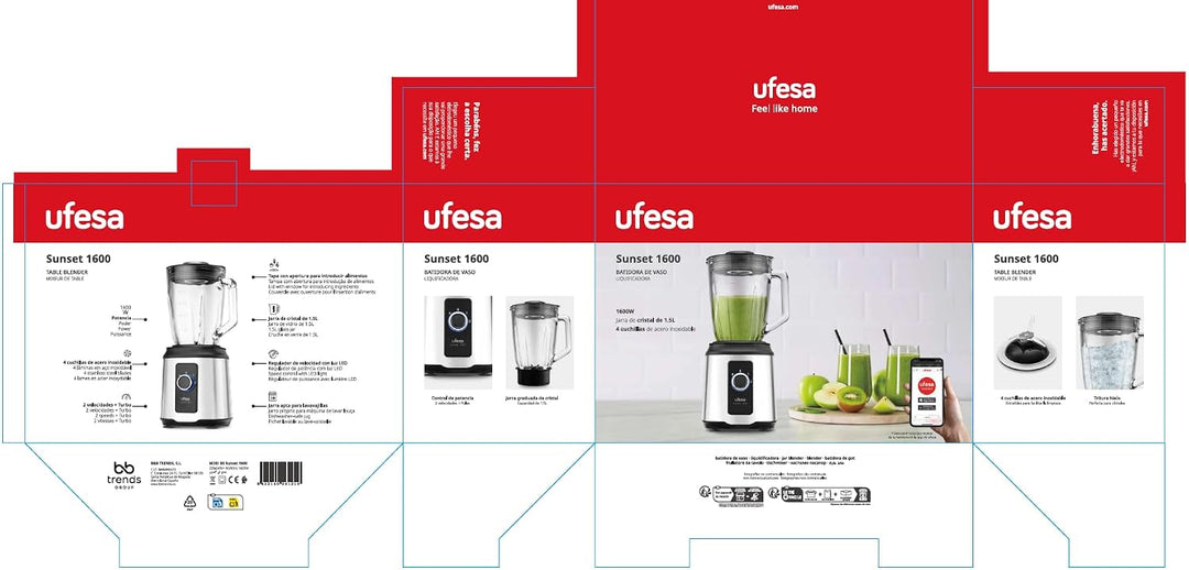 Ufesa Sunset Standmixer aus Glas, Leistung 1600W, Glaskrug Kapazität 1,5L, 2 Geschwindigkeiten + Pul