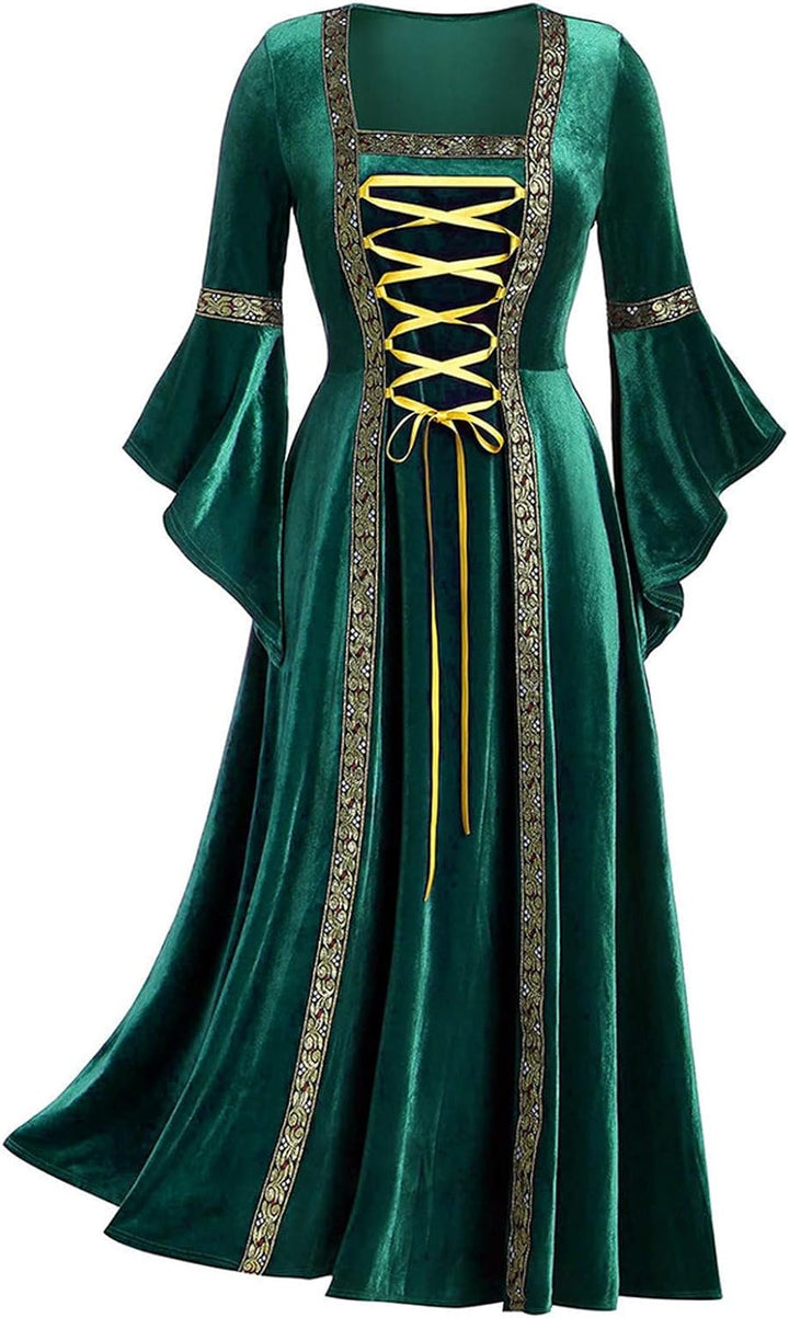 Mittelalter Kleidung Damen, Damen Mittelalter Kleid Satin Trompetenärmel Bodenlanges Retro Kostüm Ge