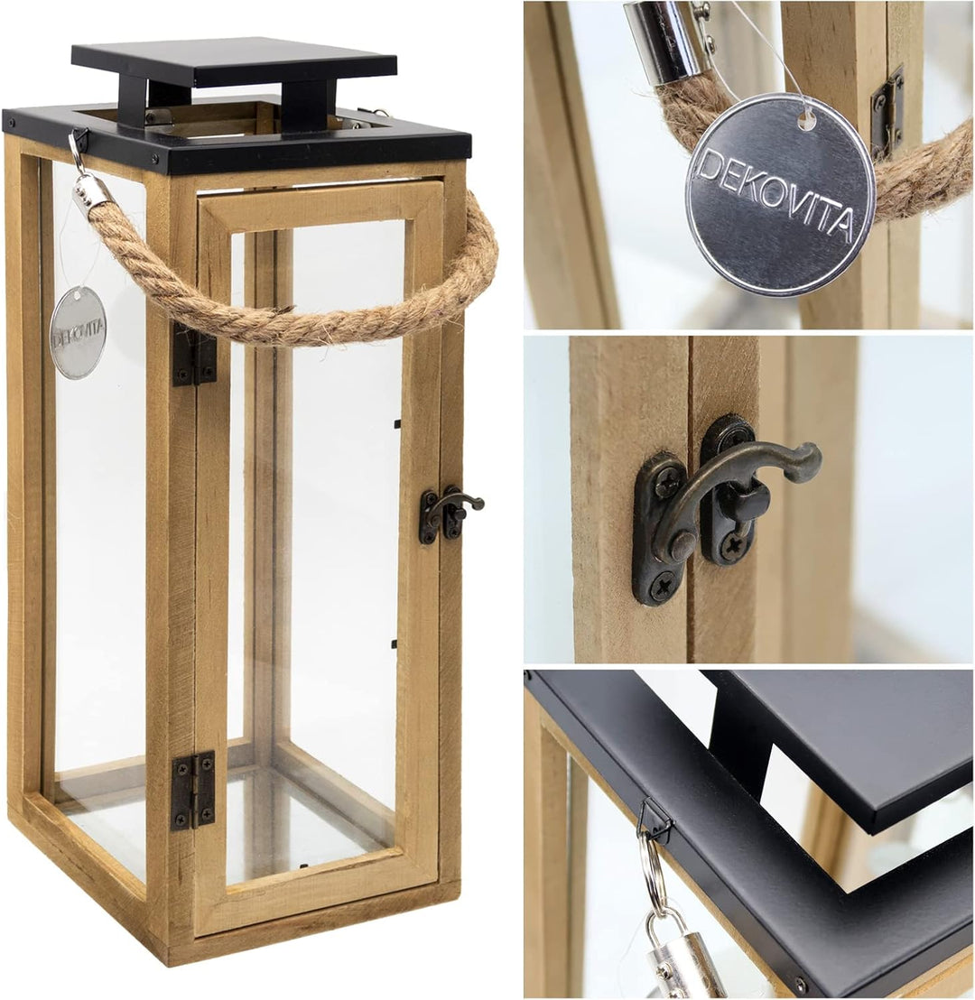 Dekovita 42cm Holz-Laterne - Gartenlaterne mit Glas-Scheiben und Kordel-Henkel - Windlicht Deko-Late