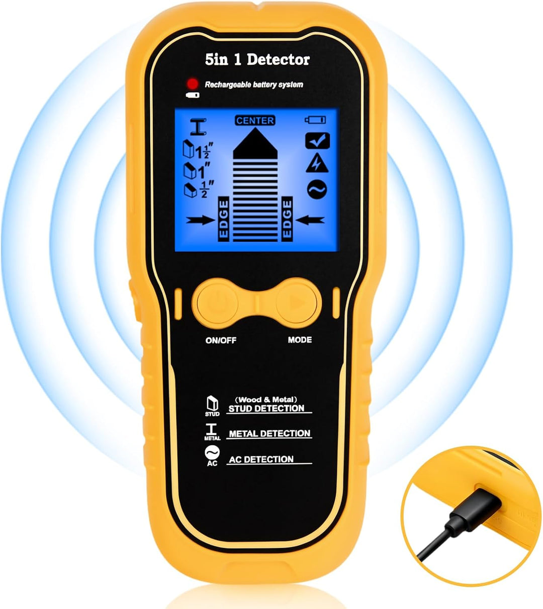 Wandscanner 5 in 1 Wiederaufladbar Stud Finder Holz Metall AC Stromkabel | Type-C Schnellladung LCD