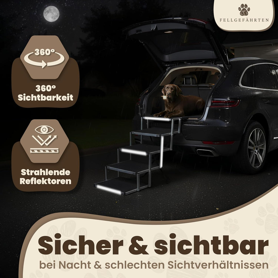 Hundetreppe Auto klappbar – stabile, rutschfeste Einstiegshilfe für grosse Hunde mit Reflektoren, in