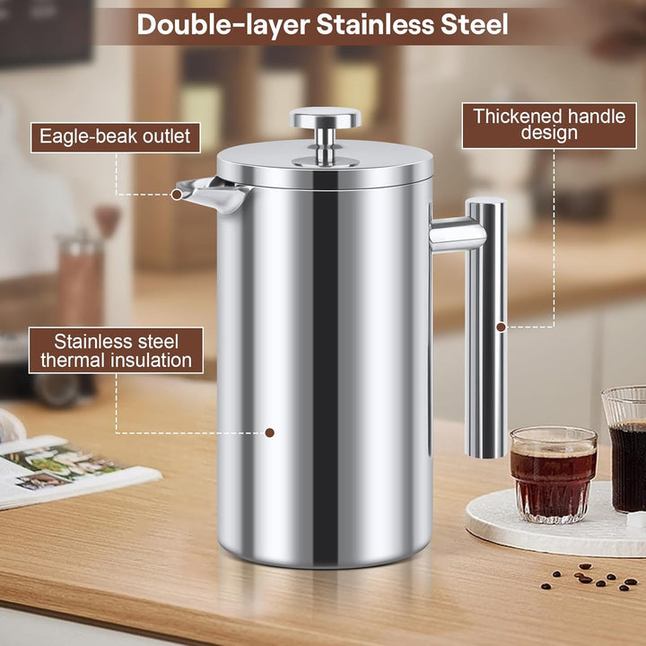 Kaffeebereiter French Press Edelstahl, 1000ml French Press, Doppelwandig Isoliert Kaffeepresse, Kaff