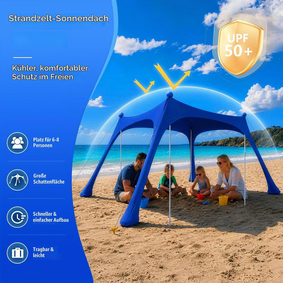 Strandzelt mit Strandmatte, LSF 50+ Hochschutz, 3x3x2m, inkl. Sandanker, Alu-Stangen &amp; Tragetasche,