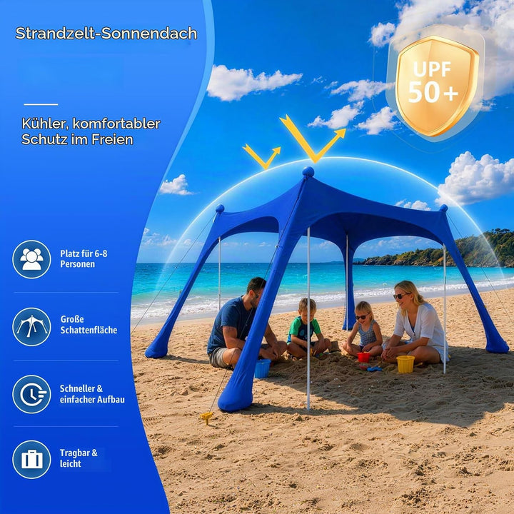 Strandzelt mit Strandmatte, LSF 50+ Hochschutz, 3x3x2m, inkl. Sandanker, Alu-Stangen &amp; Tragetasche,