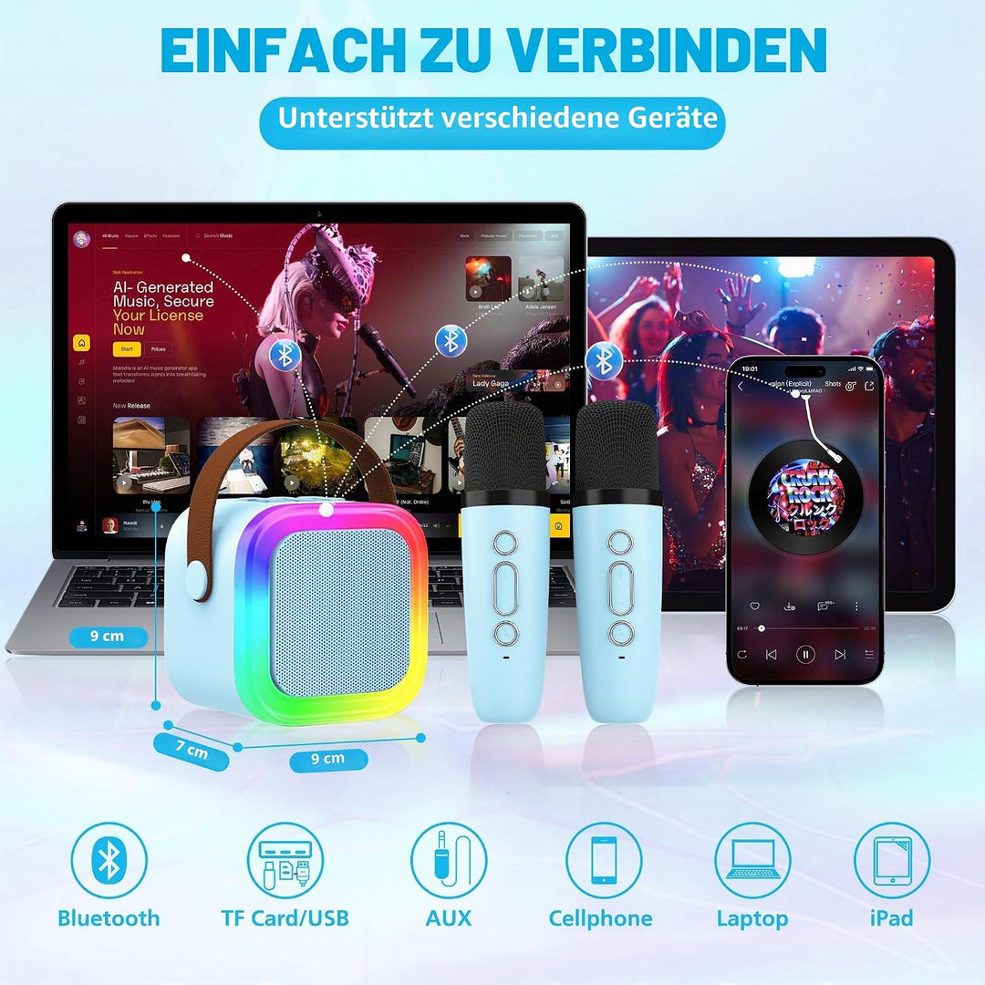 Karaoke-Maschine für Kinder Erwachsene, tragbare Kinder-Karaoke-Lautsprecher mit 2 drahtloses Mikrof
