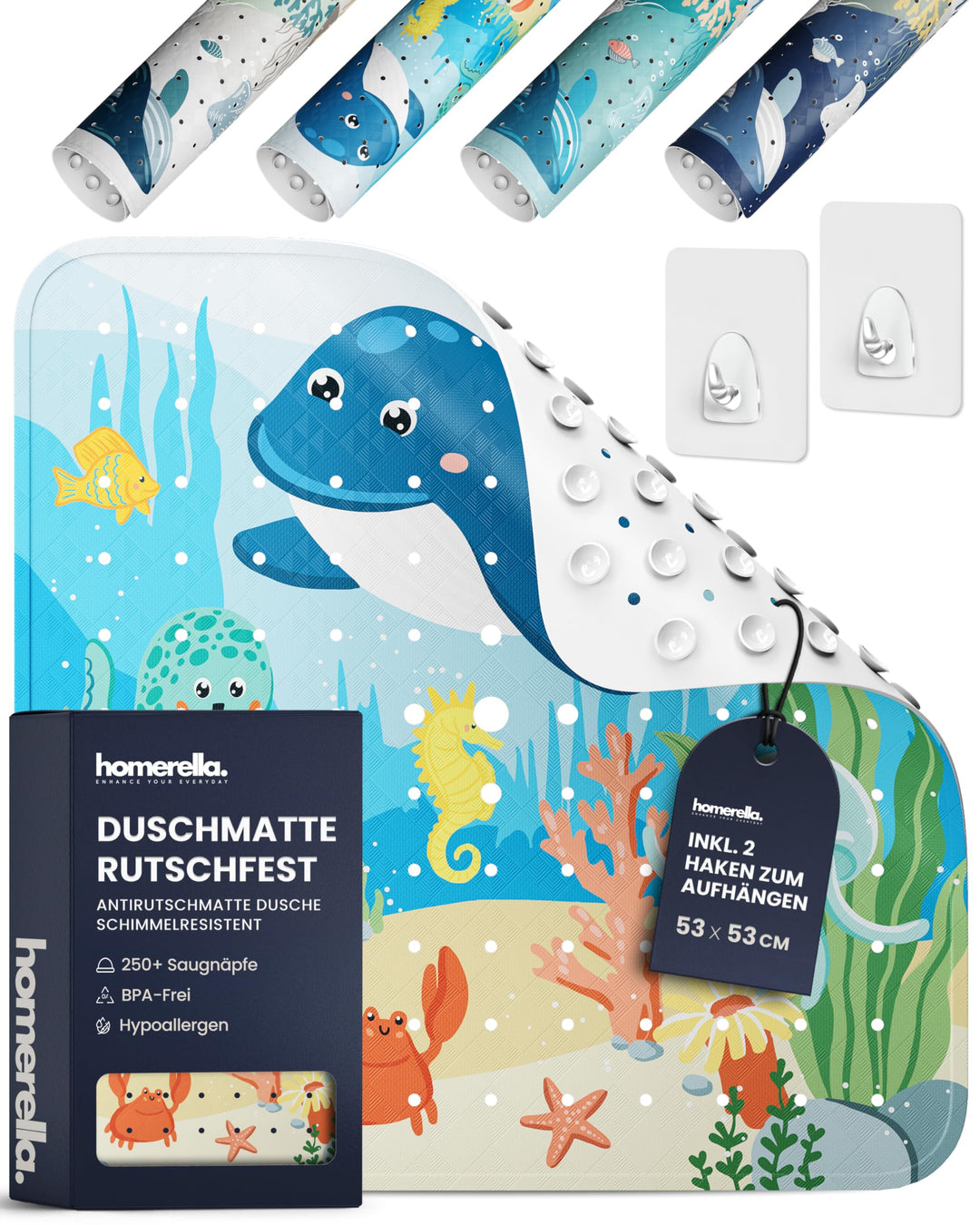 Homerella® Duschmatte rutschfest Kinder - 100% BPA frei Inkl. 2 Haken zum Aufhängen 53x53cm - Antiru