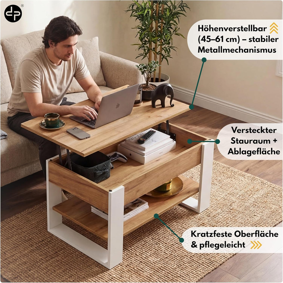 Couchtisch Höhenverstellbar mit Stauraum | Wohnzimmertisch Klappbar | Höhenverstellbarer Coffee Tabl
