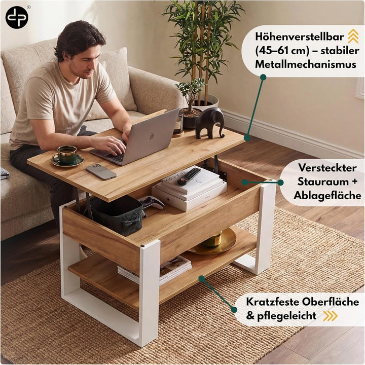 Couchtisch Höhenverstellbar mit Stauraum | Wohnzimmertisch Klappbar | Höhenverstellbarer Coffee Tabl