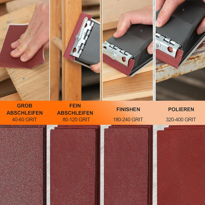 KENDO Schleifpapier Set 84-teilig, 93x230mm inkl. 1 x Handschleifklotz &amp; 3 x Schleifschwämme. Körnun
