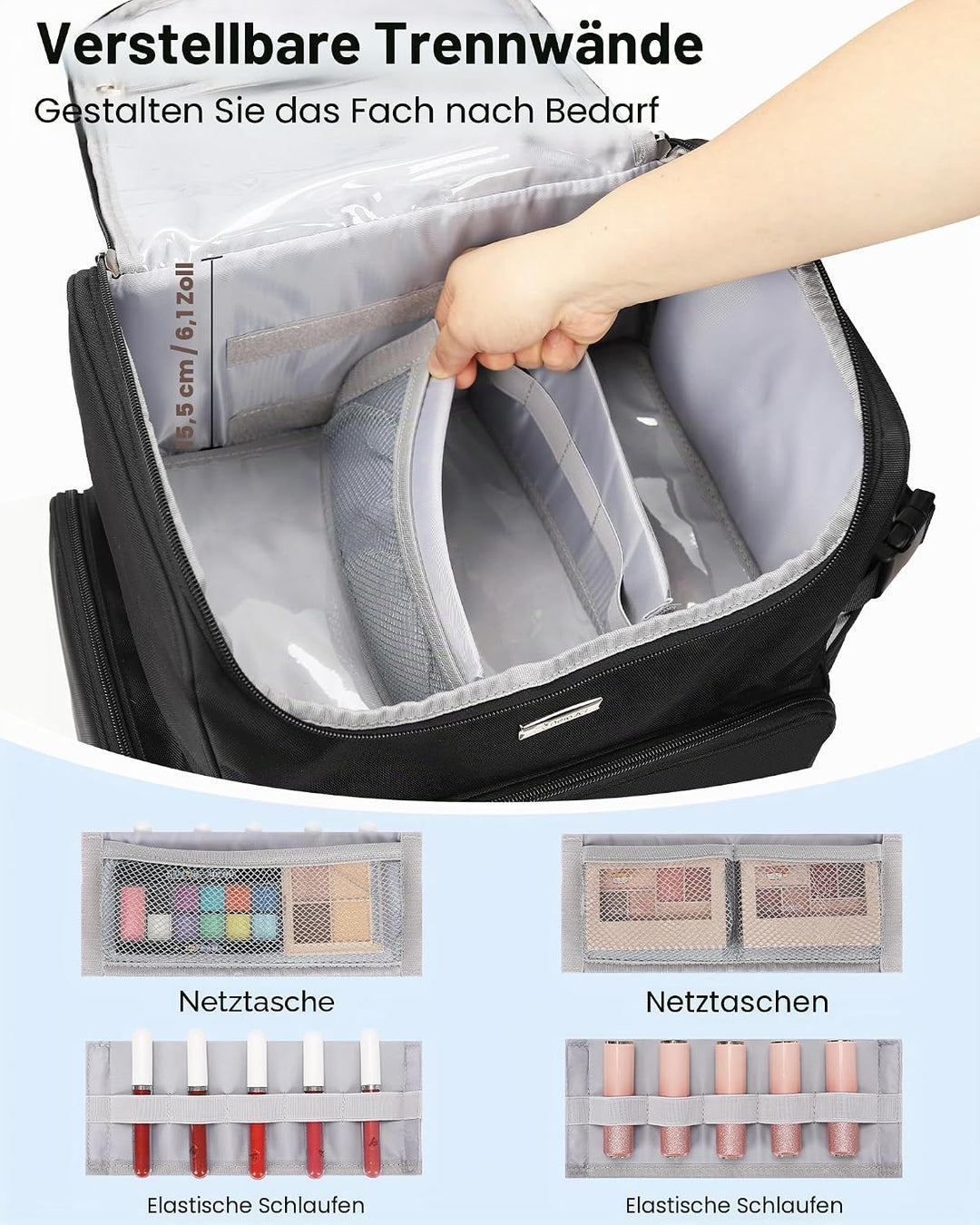 Relavel Makeup-Rucksack, grosse Make-up-Tasche mit 3 klaren Sets, Doppelwandige professionelle Kosme