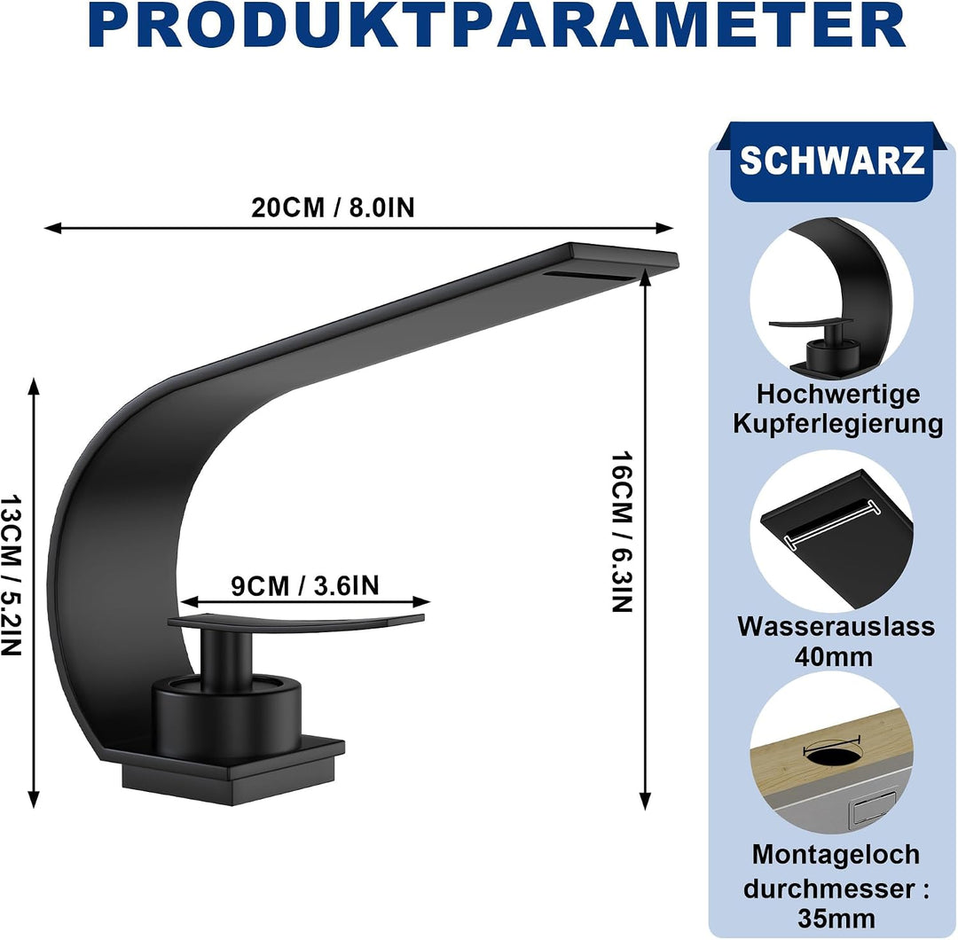 UISEBRT Schwarz Wasserfall Wasserhahn Bad, Modern Messing Waschtischarmatur,Einhandmischer mit Kalt
