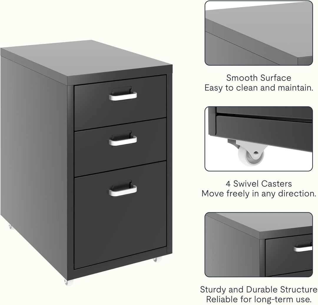 FLEXISPOT Rollcontainer Büroschrank mit 3 Schubladen, Aktenschrank Metallschrank Kommode mit Rädern,