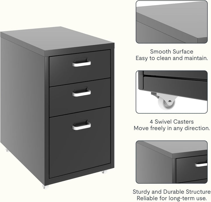 FLEXISPOT Rollcontainer Büroschrank mit 3 Schubladen, Aktenschrank Metallschrank Kommode mit Rädern,