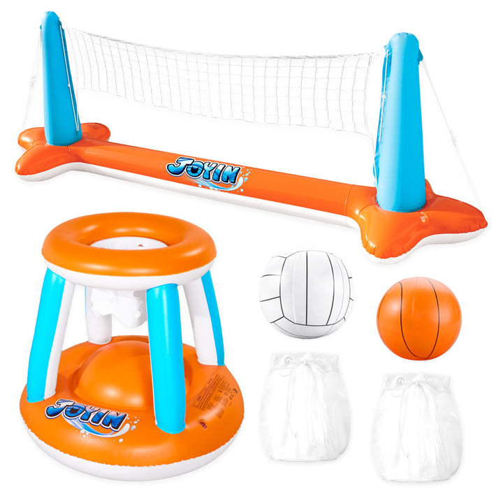JOYIN Aufblasbare Pool Float Set, Volleyballnetz & Basketballkörbe & Bälle für Kinder und Erwachsene