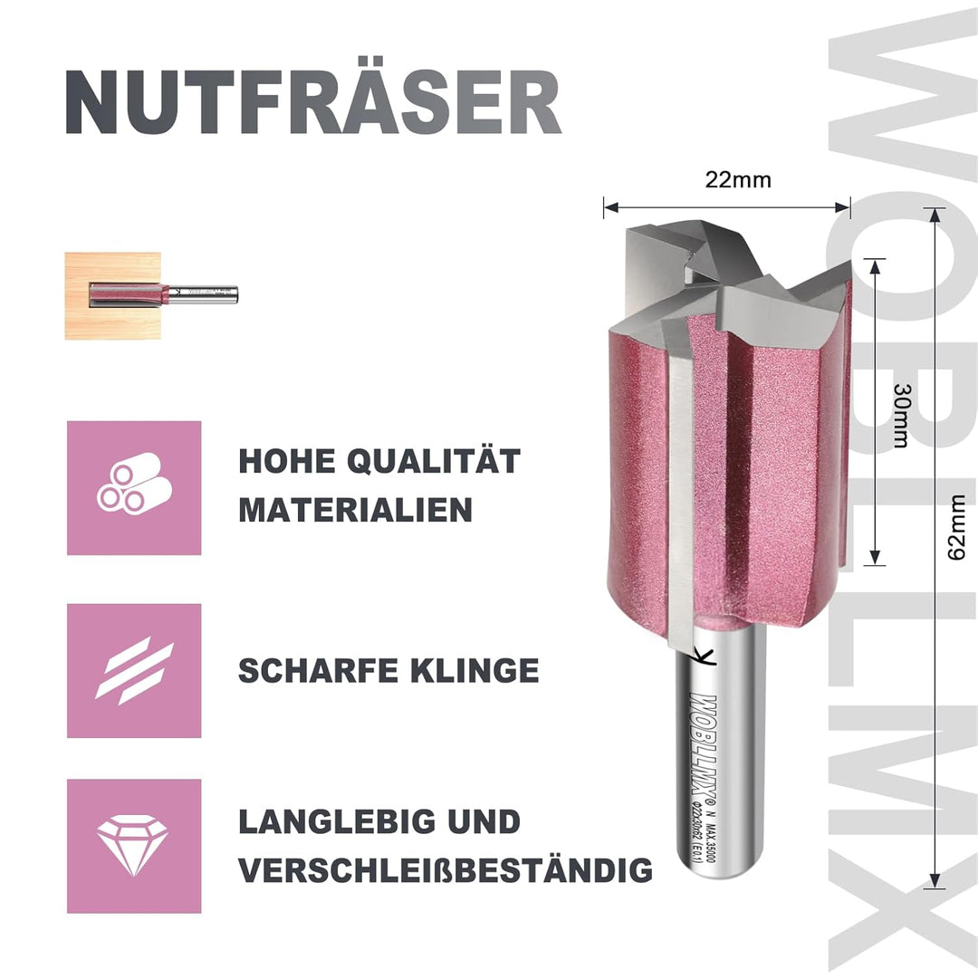 3 Klingen Nutfräser 8mm Schaft,Ø22mm Arbeitslänge 30mm Professional Hartmetall Bestückt Nutfräser St
