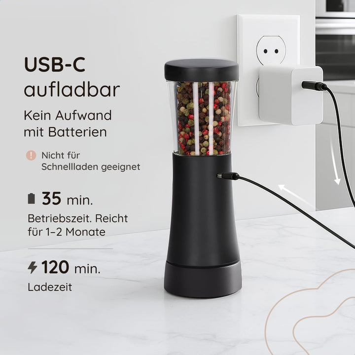 Salz und Pfeffermühle Elektrisch - Gustaro - 130ml - Einstellbarer Mahlgrad - USB-C Aufladbar - LED-