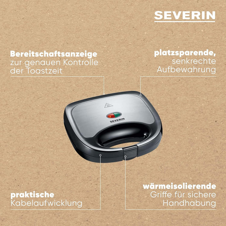 SEVERIN Sandwich-Toaster, Sandwichplatte, 600 W, SA 2969, Edelstahl/Schwarz Noir/Inox Brossé Single