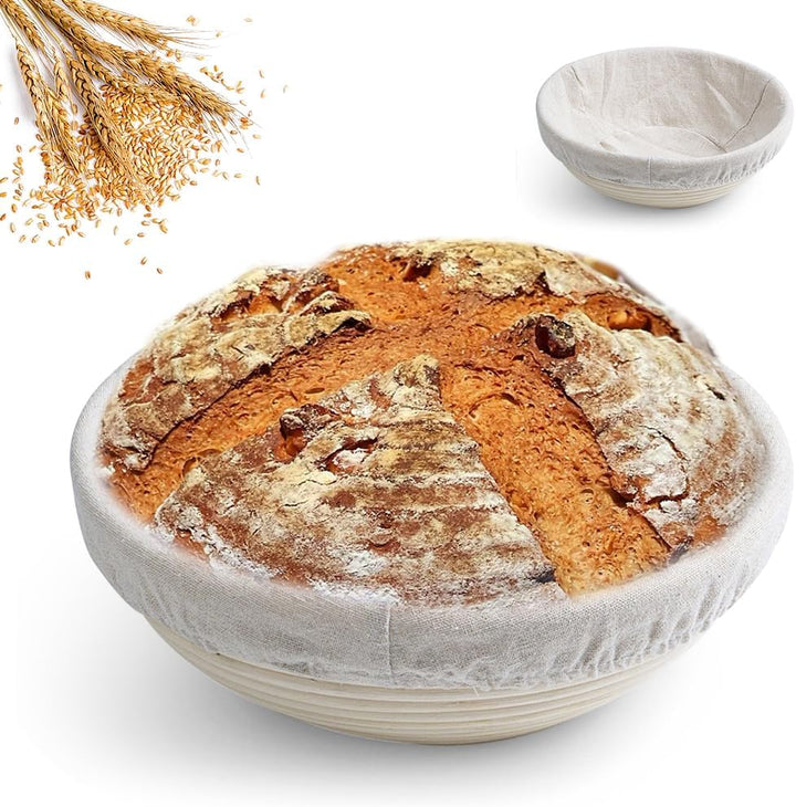 Gärkörbchen Rund, 10 Zoll Gärkörbchen für Brot mit Leineneinsatz, Natürlicher Rattan Gärkorb Brot, B