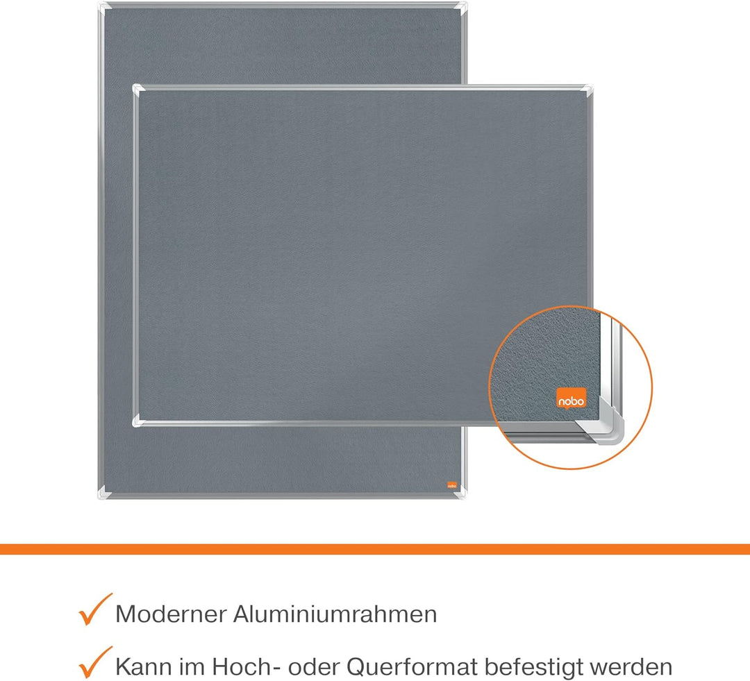 Nobo Filz-Notiztafel, 45 x 60 cm, Aluminiumrahmen, Traditionelle Eckmontage, Premium Plus, Grau, 191