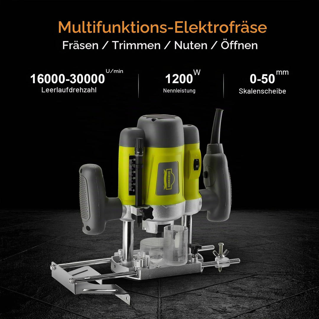 DEWINNER Elektronik Oberfräse Fräser 1200W,Ø 6 und 8 mm,Parallelanschlag,Drehzahlregelung, Absaugada