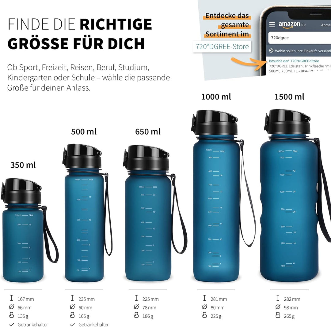 720°DGREE Trinkflasche “uberBottle“ 350ml, 500ml, 650ml, 1l softTouch +Früchtebehälter - Auslaufsich