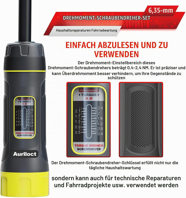 Aurlloct Langer Schaft Drehmoment Schraubendreher Satz 1/4 Zoll, 0.4-2.4 Nm, mit S2-Stahlbits, für R
