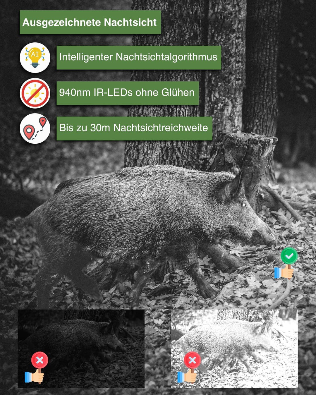 Meidase P200P Wildkamera WLAN, Wiederaufladbarem 8000-mAh-Lithium-Akku, 64MP H.264 1296P, Wildtierka