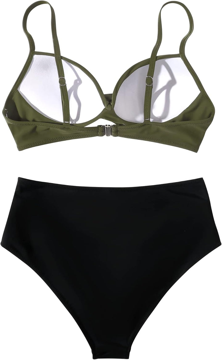 RXRXCOCO Damen Wickel Push Up Bikini Oberteil Bauchweg High Waist Bikini Set Bademode XL Armeegrün S