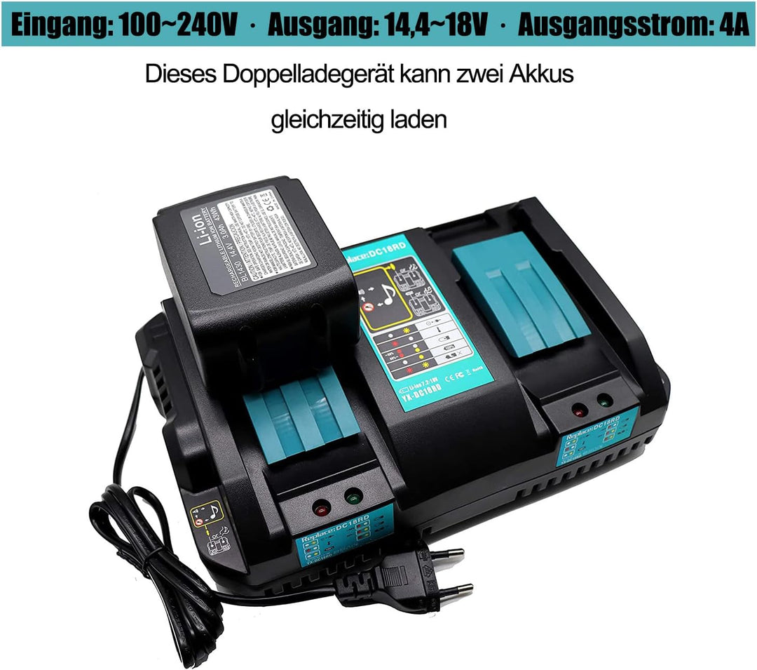 FengWings® DC18RD 4A Doppel-ladegerät, Ersatz Für Makita ladegerät 18V doppelt Akku BL1850B BL1850 B