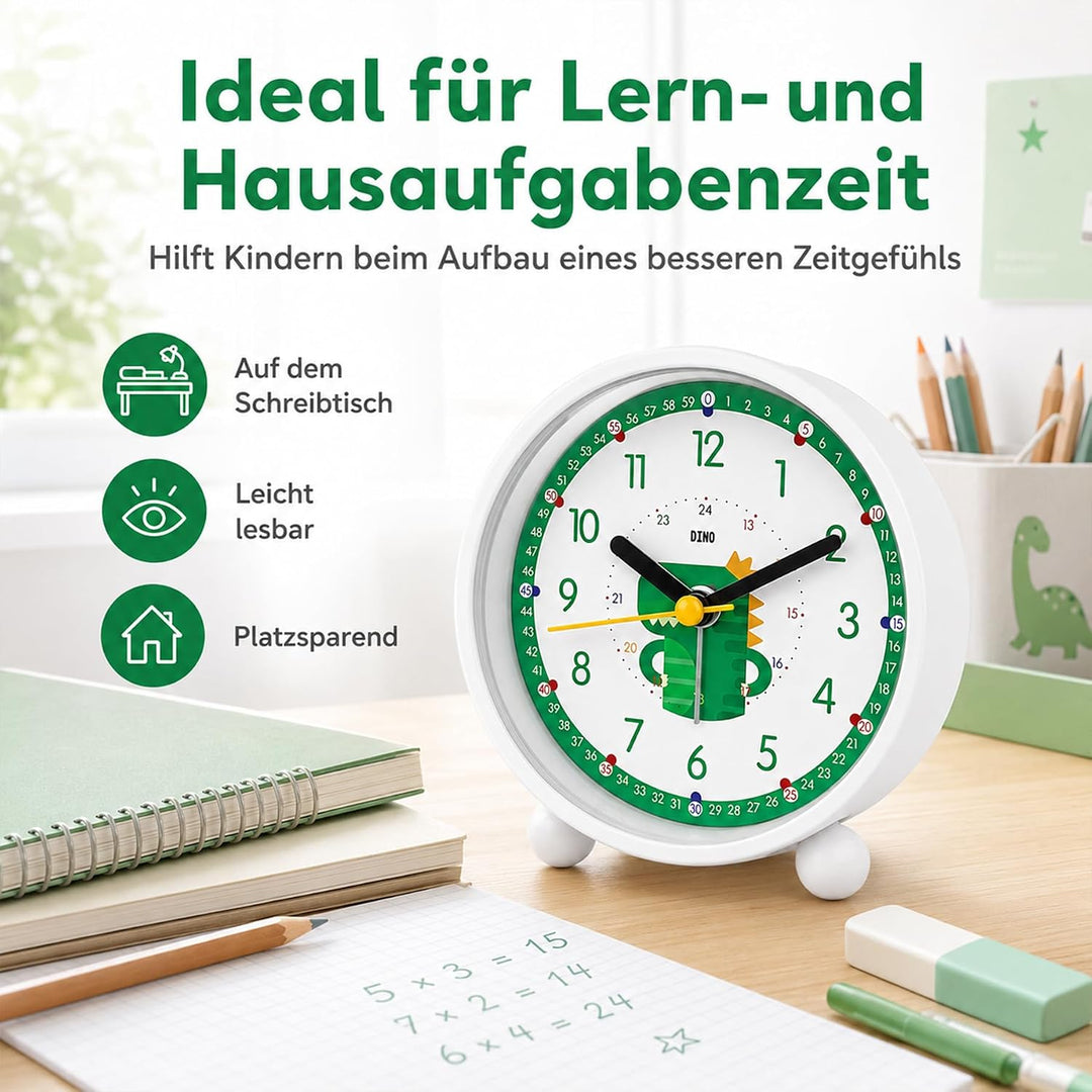 Sunshine Smile Dinosaurier Wecker mit Nachtlicht, Analog ohne Ticken, Lernwecker ohne Ticken, E-grün