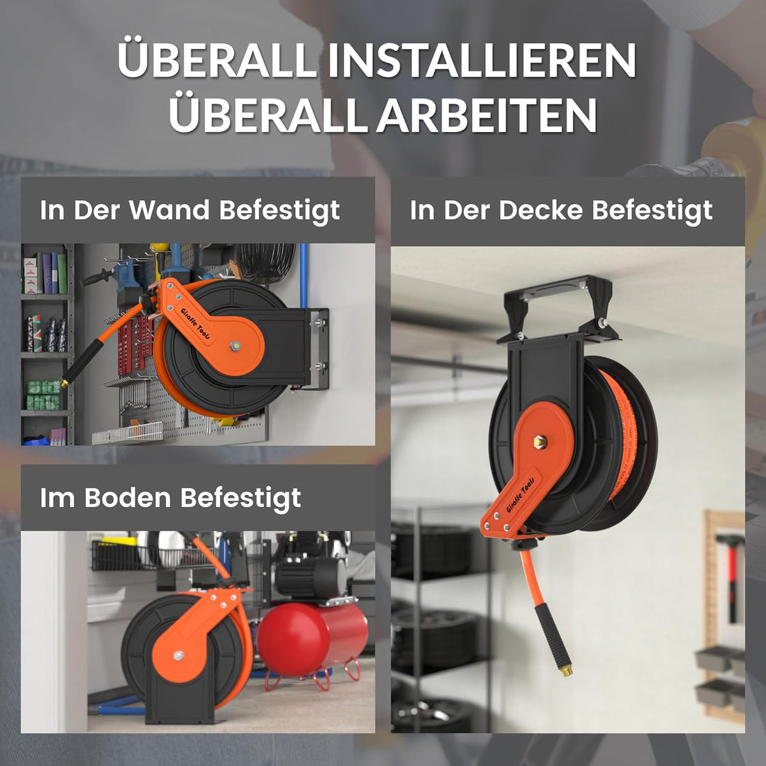 Giraffe Tools Automatik Druckluftschlauchtrommel 15M Plus mit 180° Schwenkbracket, Automatische Aufr