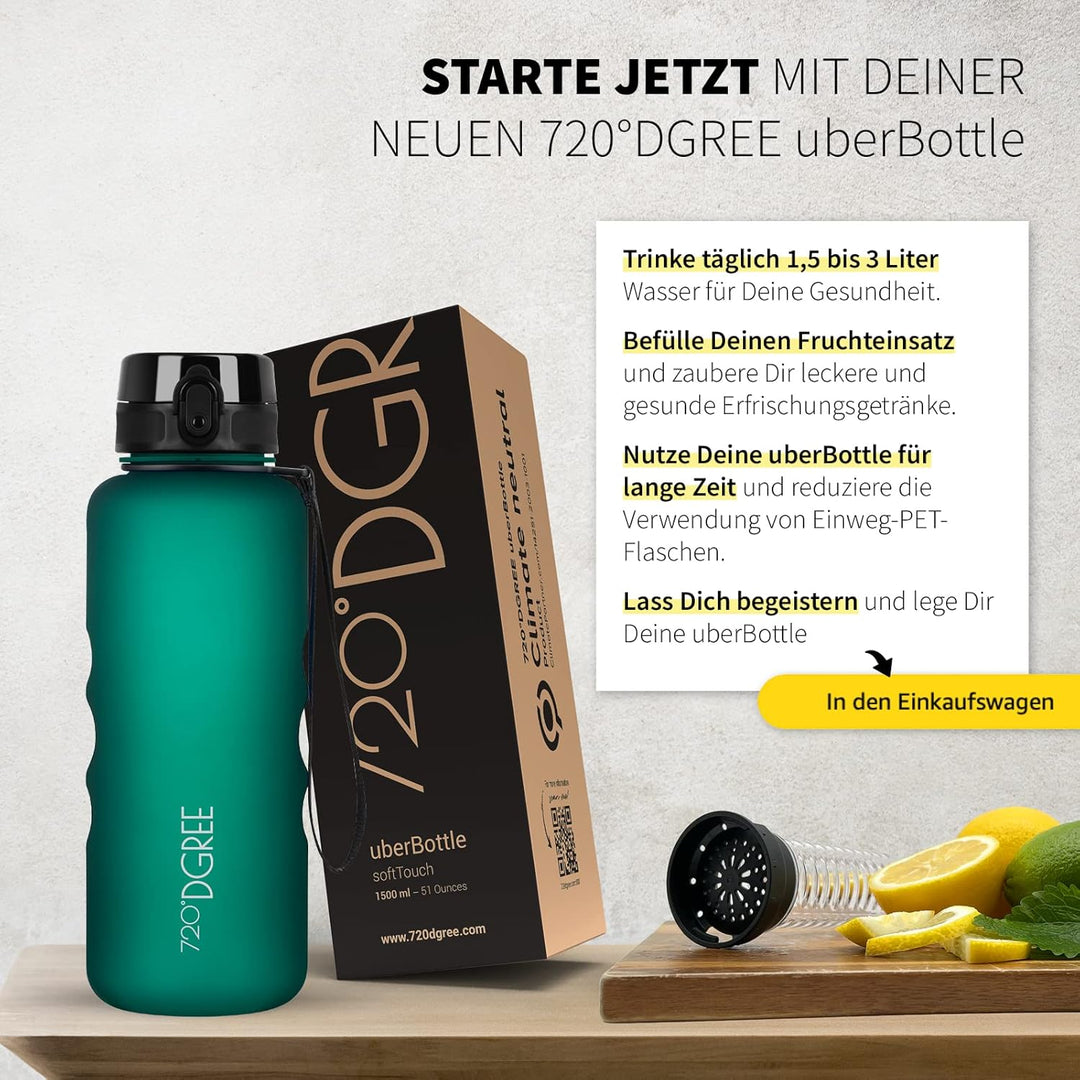 720°DGREE Trinkflasche 1,5l “uberBottle“ +Früchtebehälter - BPA-Frei, Auslaufsicher - Wasserflasche