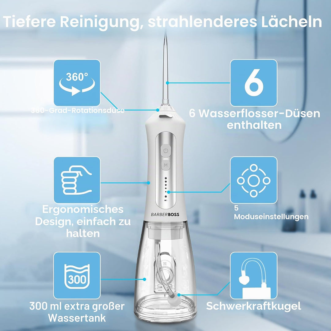 BarberBoss Water Flosser, Plaque-Entferner für Zähne, Munddusche, elektrischer Zahnseide-Apparat, Za