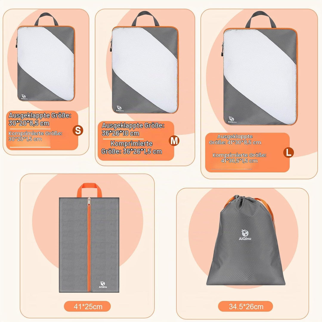 AiQInu Packing Cubes Compression, 5 Stück Packtaschen Kompression Koffer Organizer Set mit Wäschebeu
