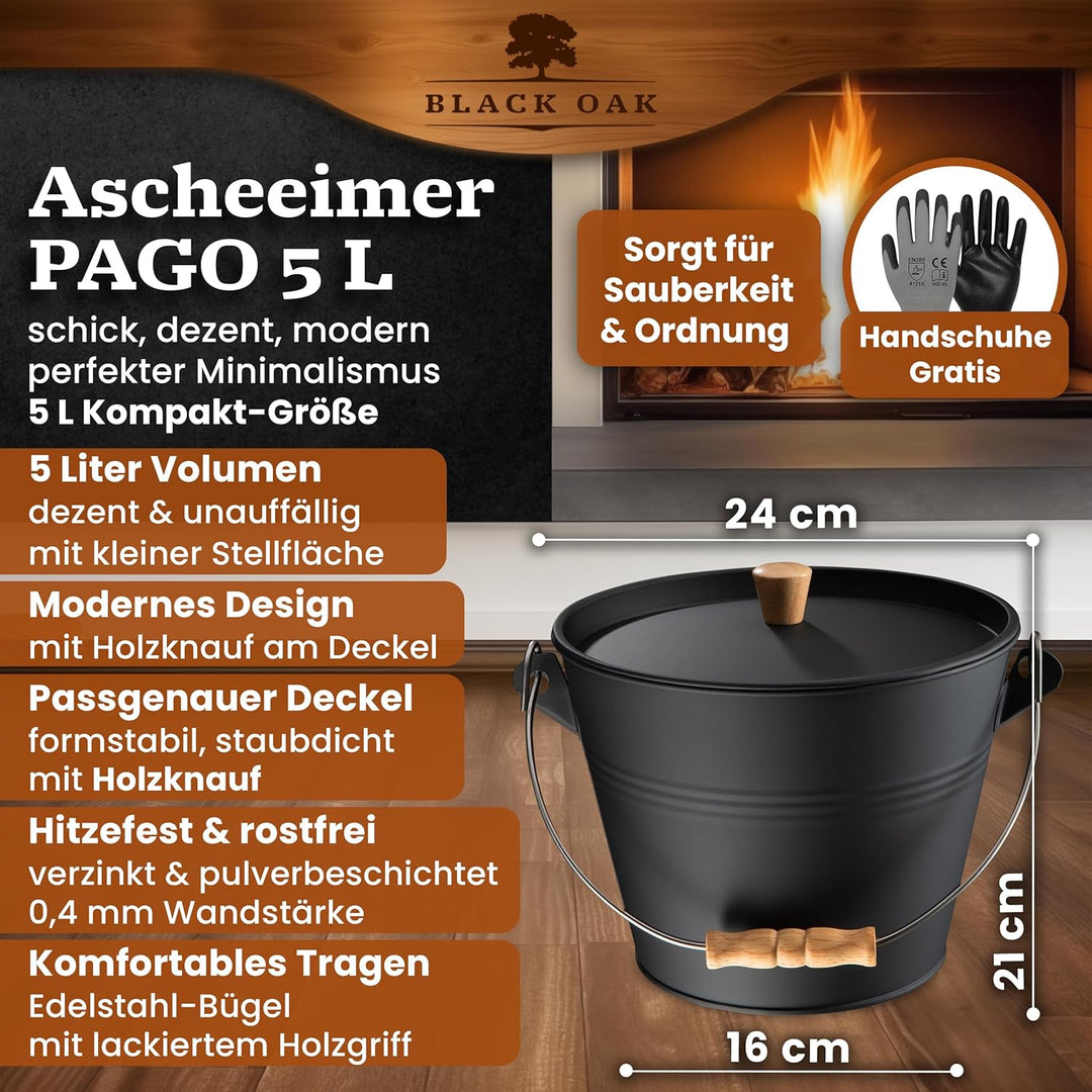 BLACK OAK Ascheeimer PAGO 5L - schwarz mit Deckel & Holz-Griff + Handschuhen - 5L gross Stahl feuerf