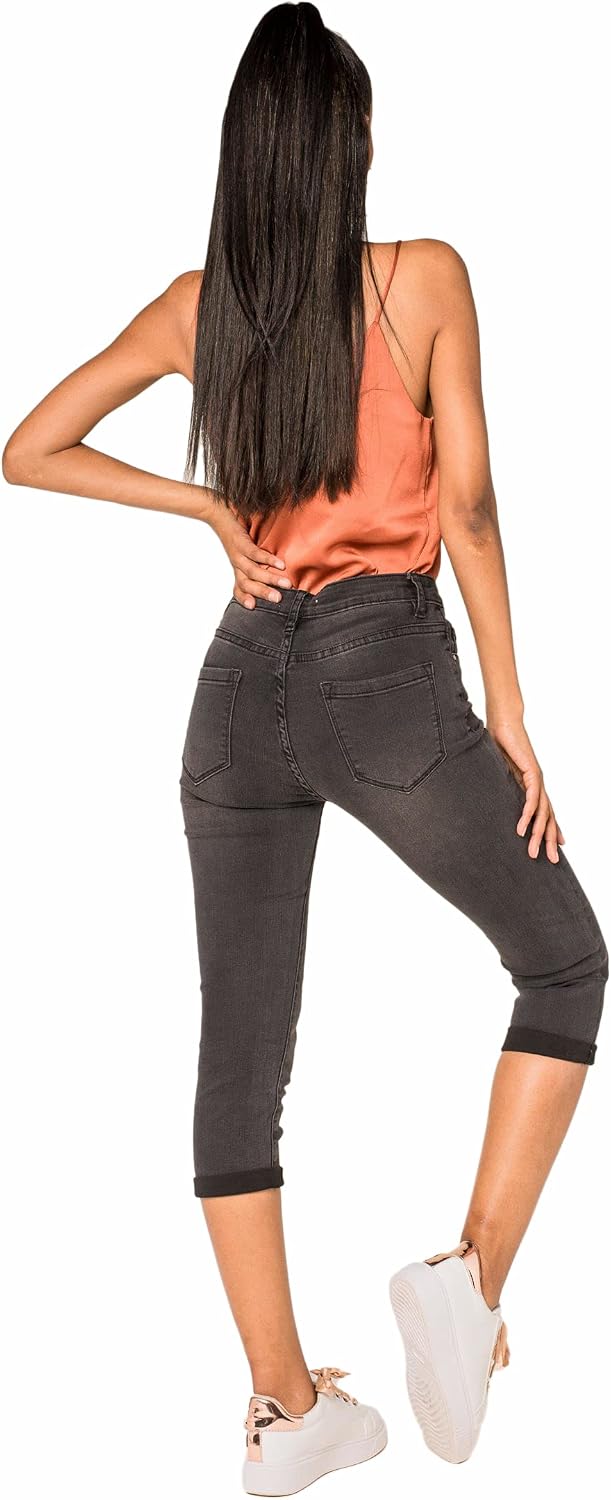 Nina Carter P132 Damen Capri Skinny Fit Jeanshosen HIGH Waist Jeans Used-Look Waschungseffekt L Slim