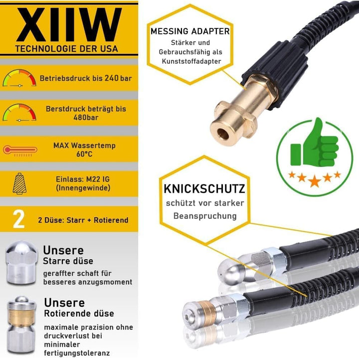 Rohrreinigungsschlauch Set 20m, 240 bar inkl. M22 Adapter, Düsen starr + rotierend für Kränzle Kärch