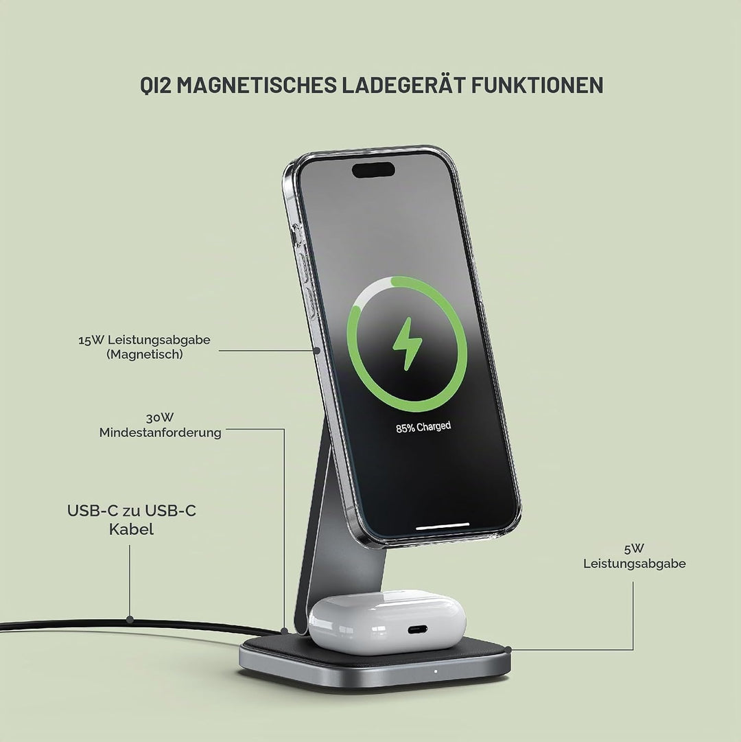 SATECHI 2-in-1 Kabelloses Ladegerät, Qi2 15W Dual-Wireless Ladeständer, magnetische, Faltbare Reisel