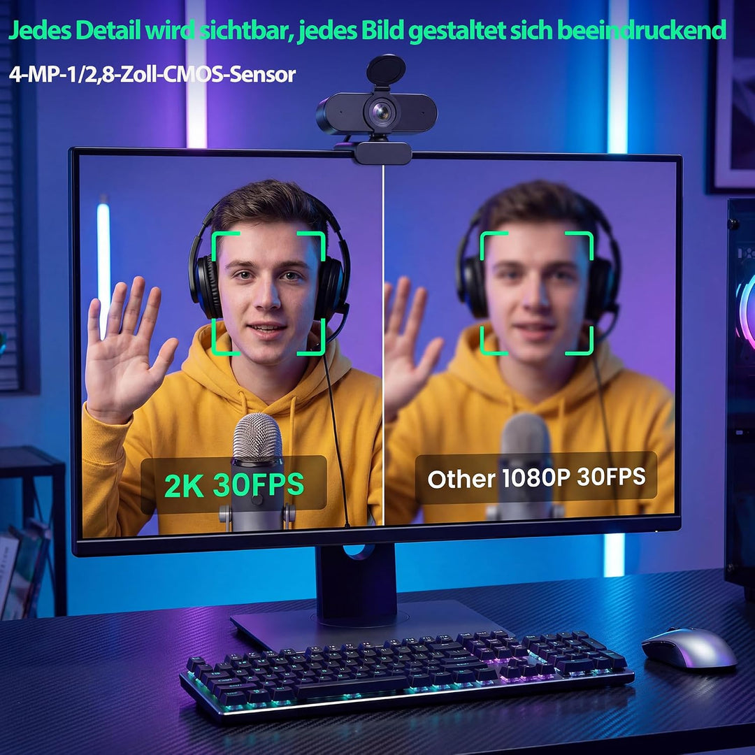 2K Webcam mit Autofokus, 1080p@60fps Streaming Kamera für PC Laptop | Dual Mikrofon &amp; Rauschunterdrü