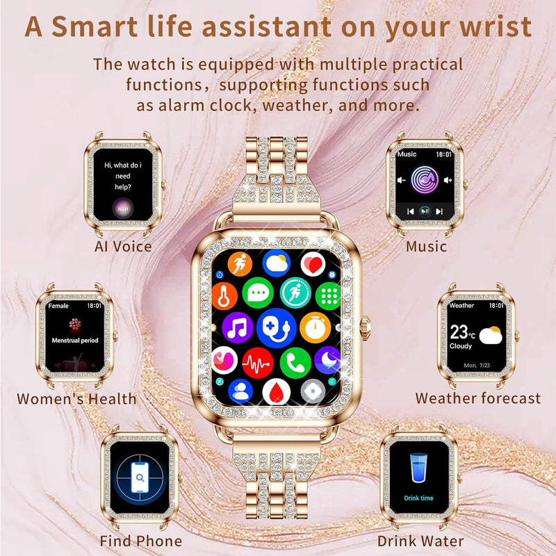 fitonyo Smartwatch Damen mit Telefonfunktion Diamant,1.29" Touch-Farbdisplay,Pulsuhr, SpO2,Schlafmon