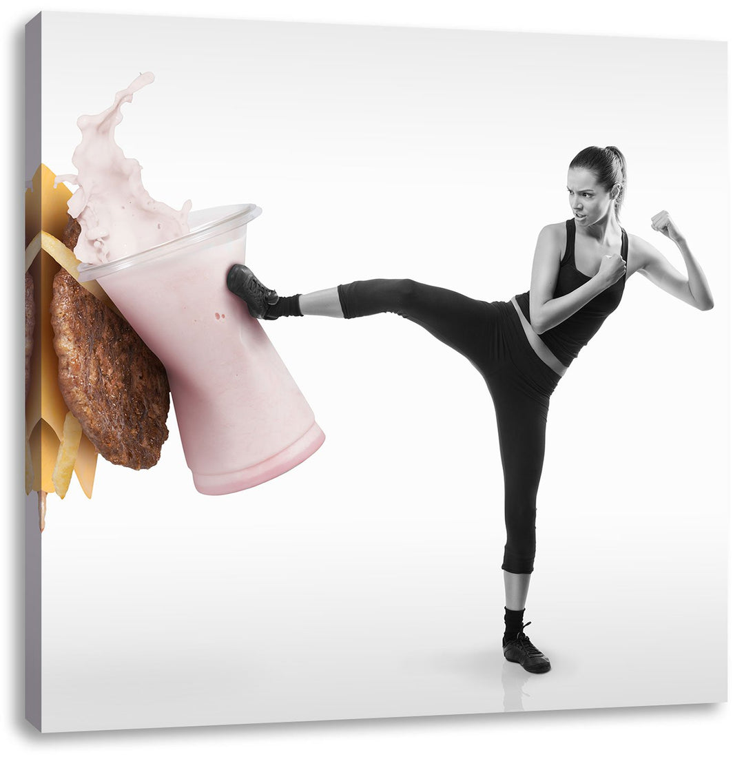 Pixxprint Starke Frau kickt gegen Fastfood Schwarz/Weiss, Format: 70x70 auf Leinwand, 70x70