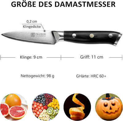 PAUDIN Damastmesser 9 cm – Gemüsemesser Schälmesser Obstmesser – VG10 Profi-Küchenmesser mit schwarz
