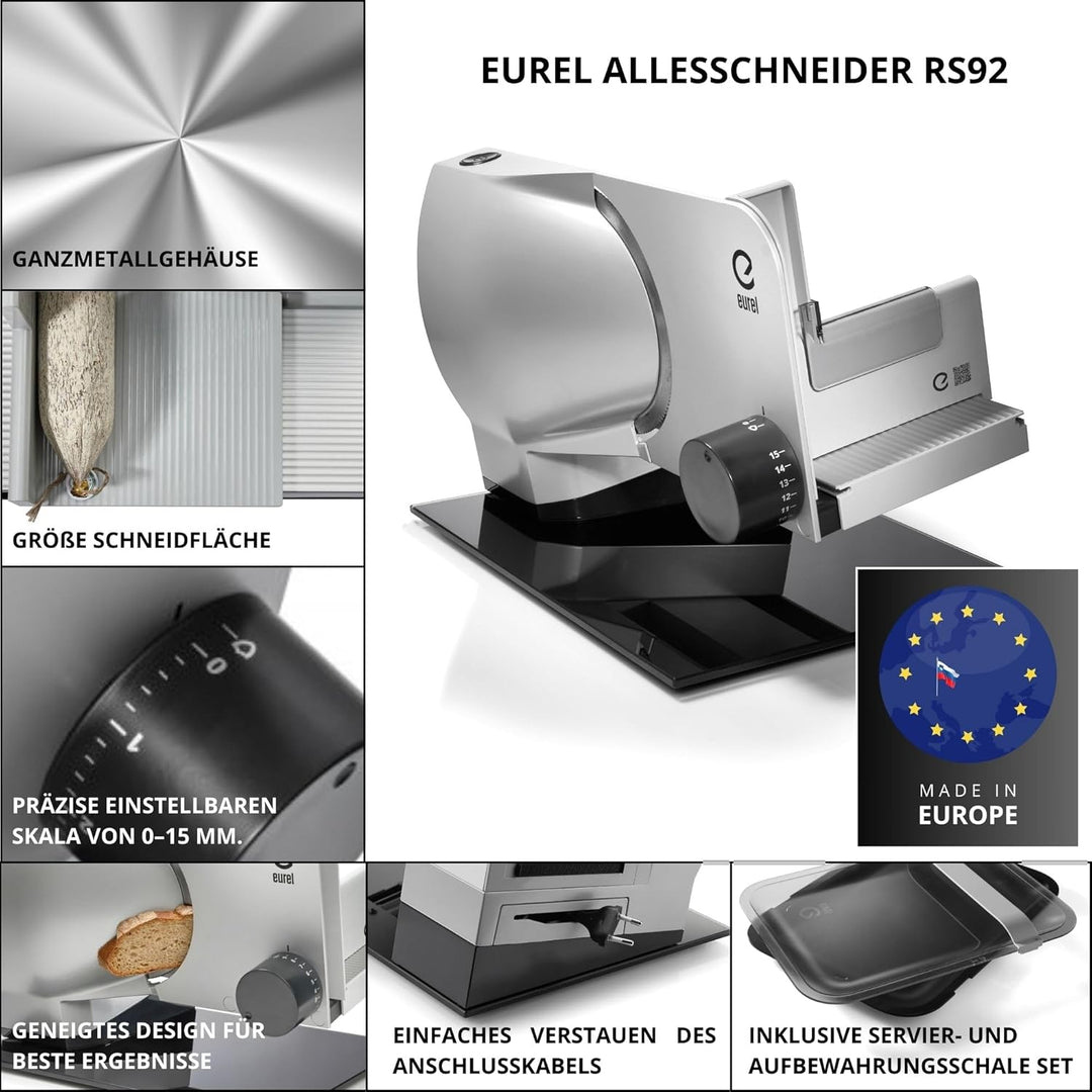 EUREL RS92 Elektrischer Vollmeall Allesschneider, Made in EU, Grösse Schneidfläche, 2in1 Edelstahlkl