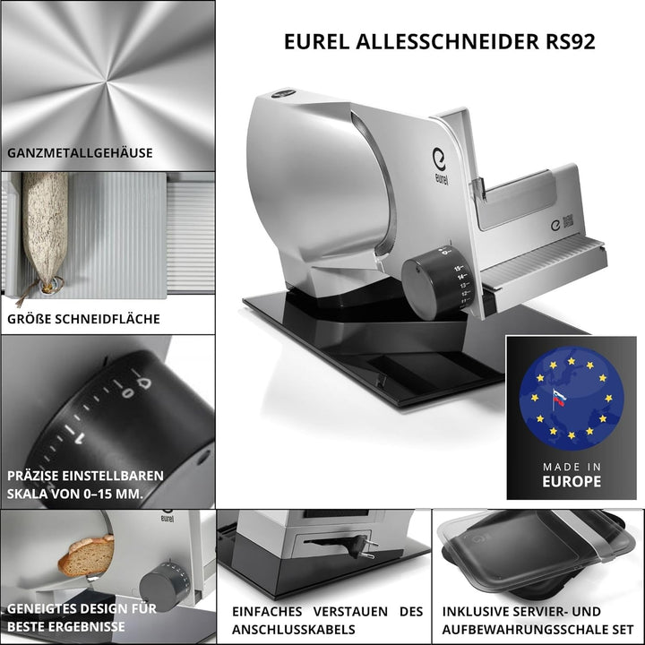 EUREL RS92 Elektrischer Vollmeall Allesschneider, Made in EU, Grösse Schneidfläche, 2in1 Edelstahlkl