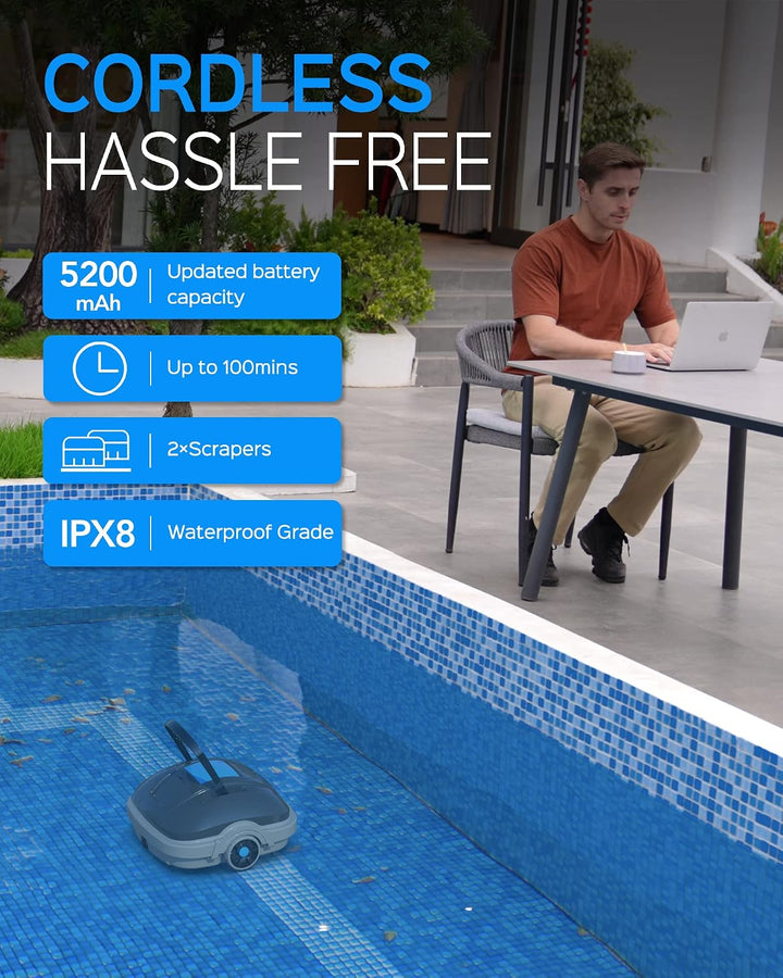 WYBOT Poolroboter Akku, Poolsauger für 100 Minuten Betriebsdauer, Auto-Parken, Starke Saugkraft, Zwe