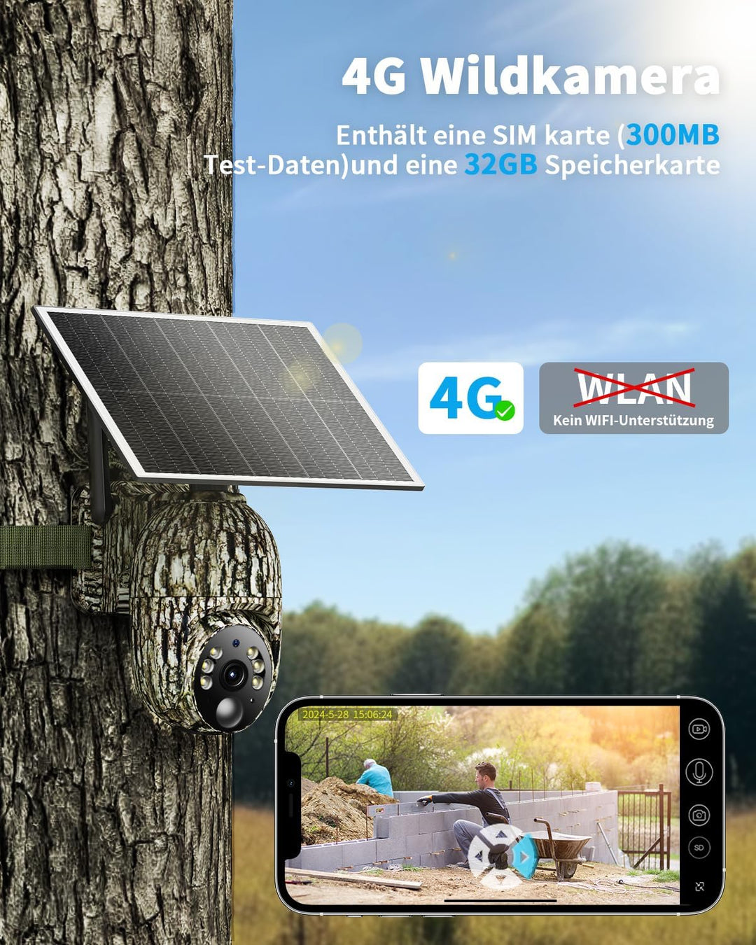 4G Wildkamera mit SIM Karte, 2K Solar Wildkamera mit Handyübertragung APP, Überwachungskamera mit Be