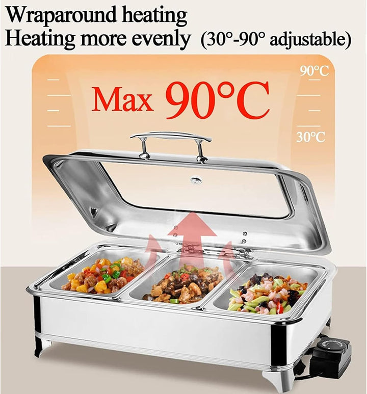 Chafing Dish Elektrisch, 9L Wärmebehälter für Essen Edelstahl Speisenwärmer Warmhaltebehälter mit Si