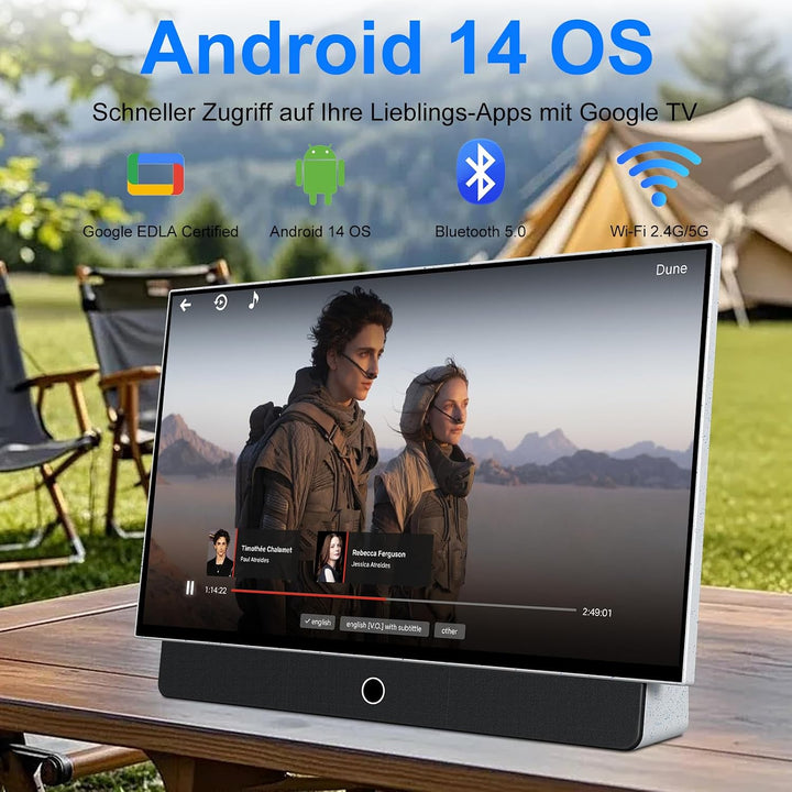OFD Portable Smart TV 27 Zoll,Outdoor Fernseher 1080P Android14 OS,8Ω Dolby Audio,100% sRGB,WiFi-Unt