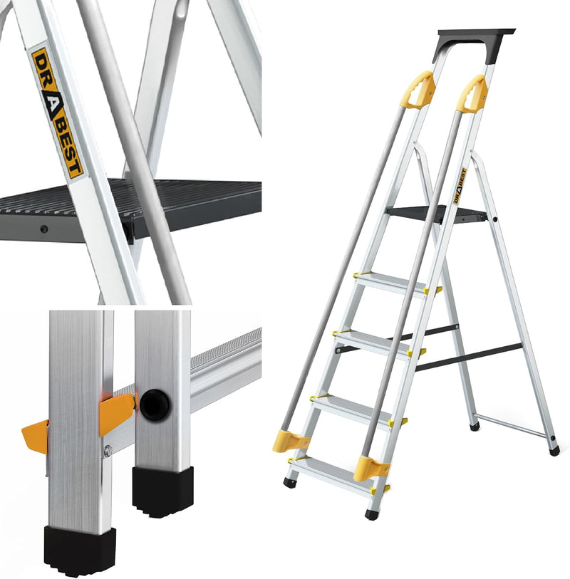 DRABEST Leiter PRO Serie Leiter Klappbar mit Sicherheits Handläufen Alu Klaptritt 5 Stufen Trittleit